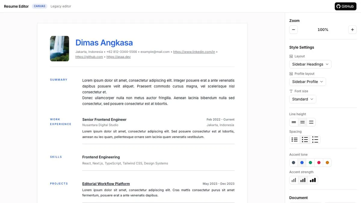 Resume Editor preview